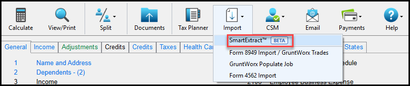 Import menu